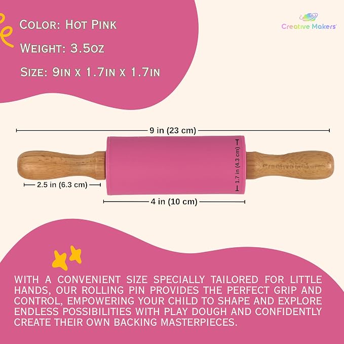 Small Rolling Pin for Kids, Non-Stick Silicone Surface with Wooden Handles for Play Dough and Baking Rolling Pin (Hot Pink)