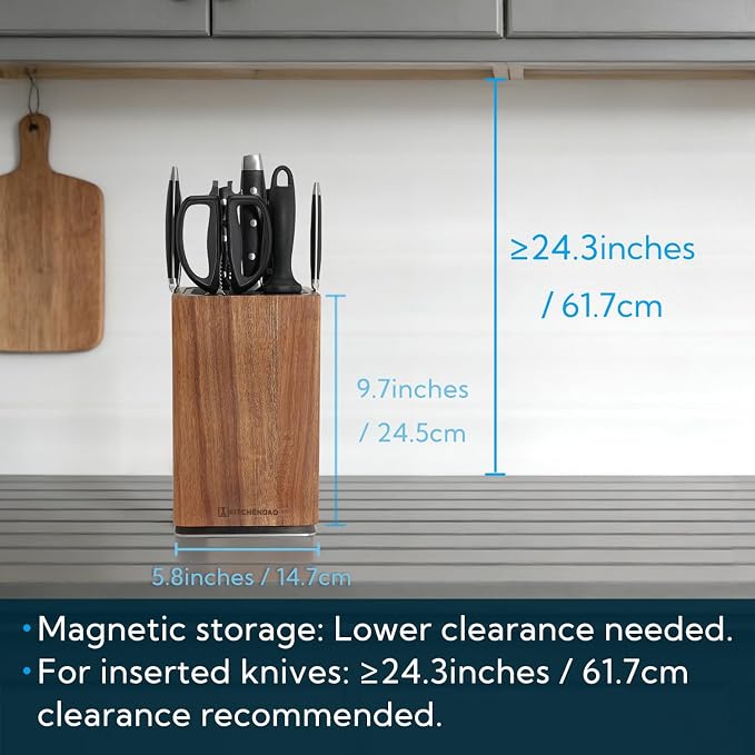 KITCHENDAO Magnetic Knife Block without Knives, 360° Rotary Acacia Wood Knife Holder, Large Universal Knife Storage with Magnet, Countertop Butcher Block Knife Stand for Easy Kitchen Storage