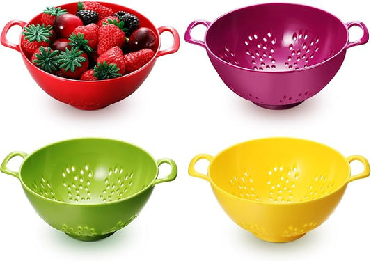 Baderke 4 Pack Mini Colander for Kitchen Plastic Berry Strainer with Double Handles 7.5 x 6 x 3 Inch Small Colander Strainer for Fruits Vegetables Food (Lemon Yellow,Green,Purple,Red)