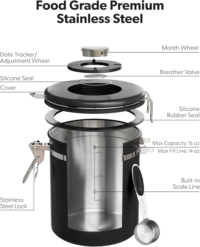 Veken Coffee Canister with Window, Airtight Stainless Steel Container, 16OZ | Kitchen Food Storage Pantry Organizers for Beans,Ground,Espresso,Rice,Tea,Sugar,Bar Accessories,Gifts,Lids,Jars, Scoop, Black