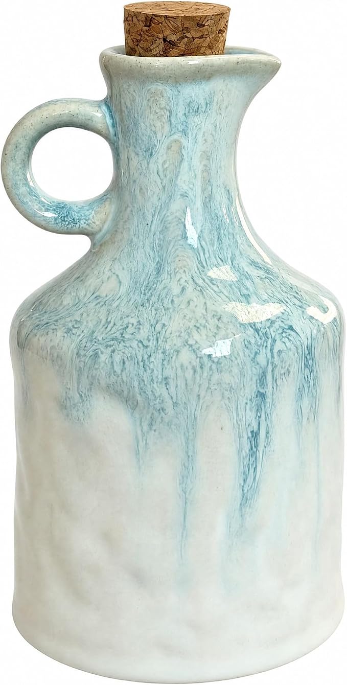 Blue White Ceramic Olive Oil Dispenser Bottle with Cork Stopper 13.5Oz | Reactive Glaze Texture Oil Bottle, Leak Proof Small Spout,Great for Storing Vinegar, Wine, Soy Sauce, Lemon Juice