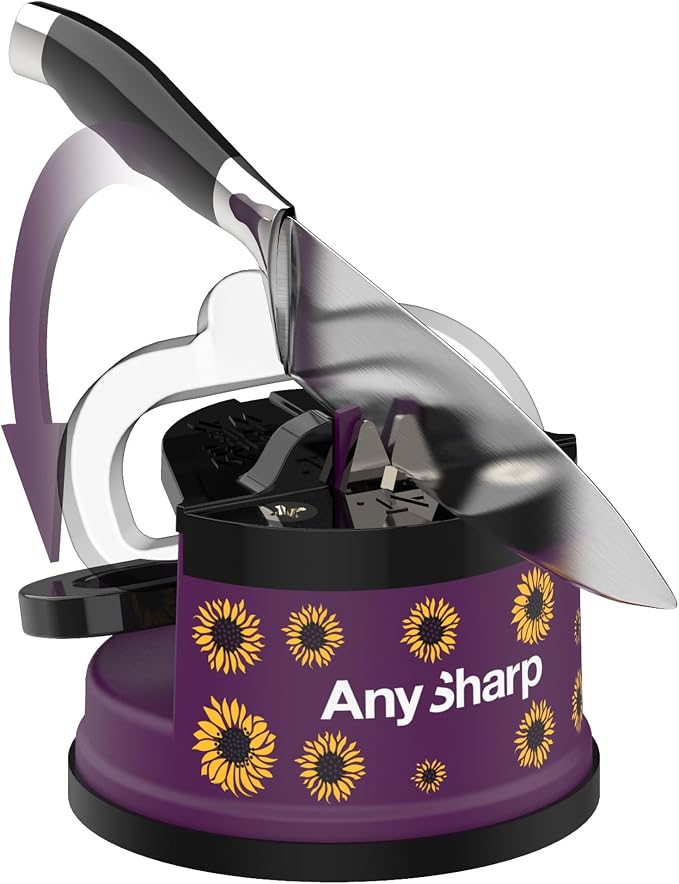 AnySharp – Editions – Hands Free Knife Sharpener - Easy to Use Sharpening Tool w/PowerGrip Suction Base and 20-Degree Pre-Set Angle - for All Knives: Chef's, Serrated, and Hardened Steel - Sunflower