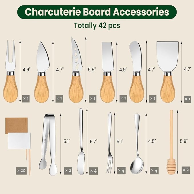 Charcuterie Board Accessories, 23 Pieces Silver Stainless Steel Cheese Knife Set with Wooden Handle for Charcuterie Utensils, Mini Serving Tongs Spreaders Spoons Forks Honey Dippers and Flags