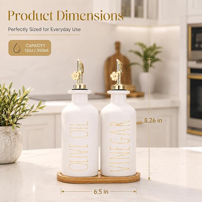 HOMCDALY Premium Olive Oil Dispenser for Kitchen, 11.8oz Glass Oil Bottles with Bamboo Tray, White and Gold Oil&Vinegar Cruet Set, Kitchen Dispenser Bottles with Pourer| Set of 2 (11.8oz –P–Gold)