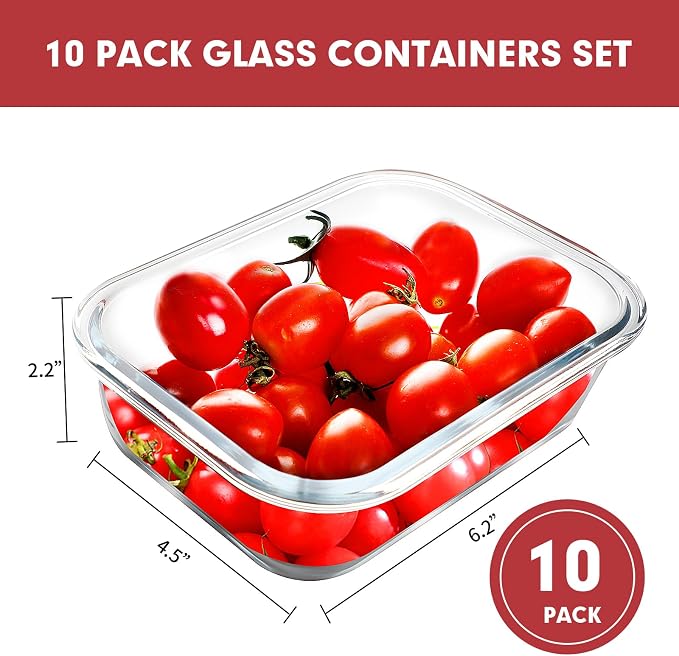 VERONES 10 PACK 22 OZ Glass Meal Prep Containers Set with Lids, Red | Airtight Glass Lunch Containers Set, Glass Food Storage Containers, for Microwave, Oven, Freezer & Dishwasher Friendly