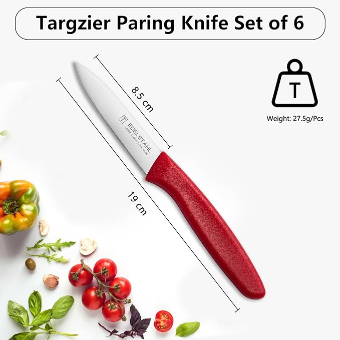 Paring Knives with Straight Edge,Spear Point,Stainless Steel Paring Knife Set of 6,Sharp Small Kitchen Knife for Cutting Vegetable&Fruit,Ergonomic Paring Knife,Red Peeling Knifes