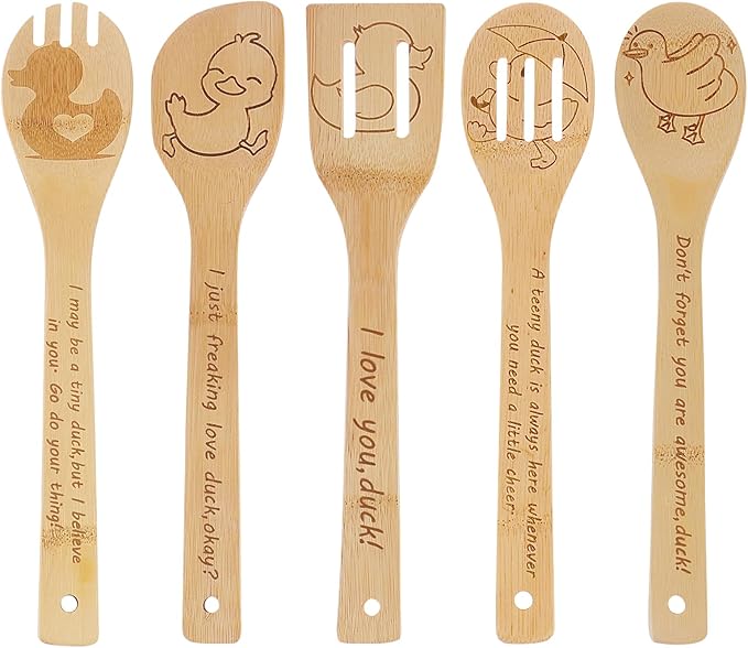5PCS Duck Wooden Cooking Spoons Set Bamboo Cooking Spoons | Duck Kitchen Decor Housewarming Wedding Anniversary Thanksgiving Christmas for Mom Women Animal Lovers