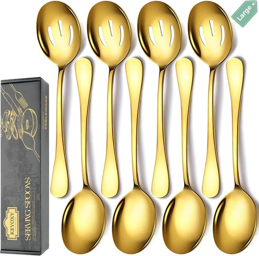 Stainless Steel Serving Spoons Set, 8pc, 10-Inch, Includes 4 Large, 4 Slotted, for Parties/Kitchen/Buffet/Catering, Dishwasher Safe, Gold