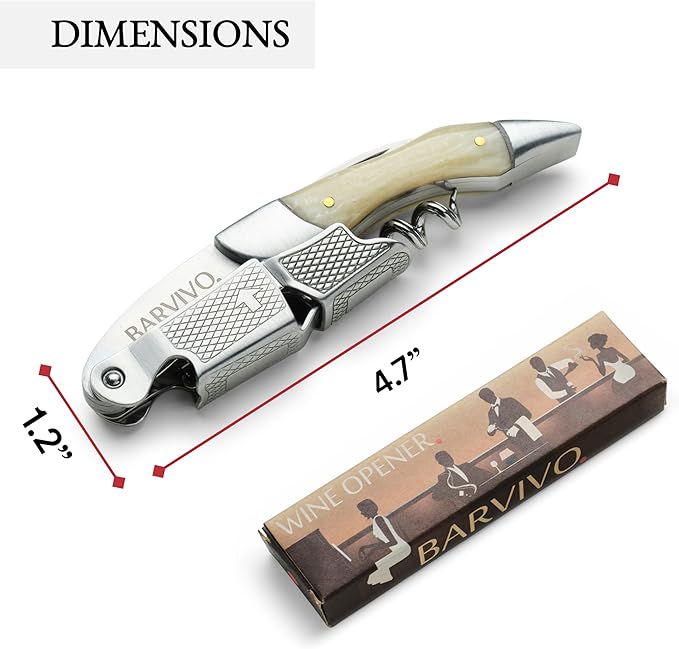 Barvivo Wine Opener with Foil Cutter and Cap Remover - Double Hinged Corkscrew for Bartenders - Stainless Steel Wine Key for Easy Bottle Opening - Manual Wine Bottle Opener - White Resin, 4.7x1.2-Inch