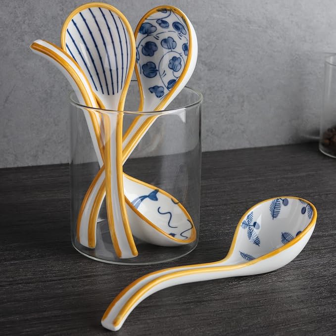 Ceramic Soup Spoons Set of 4 Porcelain Japanese Soup Spoon Long Handle Asian Soup Spoon Sets for Pho Ramen Noodles Wonton Dumpling Rice (Model 4#)
