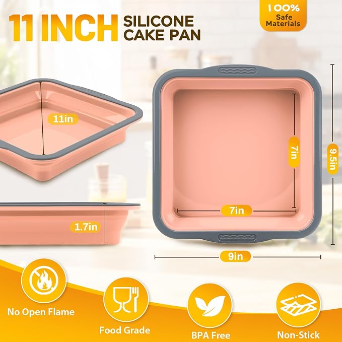 7x7 Silicone Square Cake Pan with Metal Reinforced Edge, Nonstick Brownie Baking Pan, BPA Free, Oven Safe Flexible Silicone Mold, Suitable for Making Cakes, Brownies, Bread, Pie, Lasagna