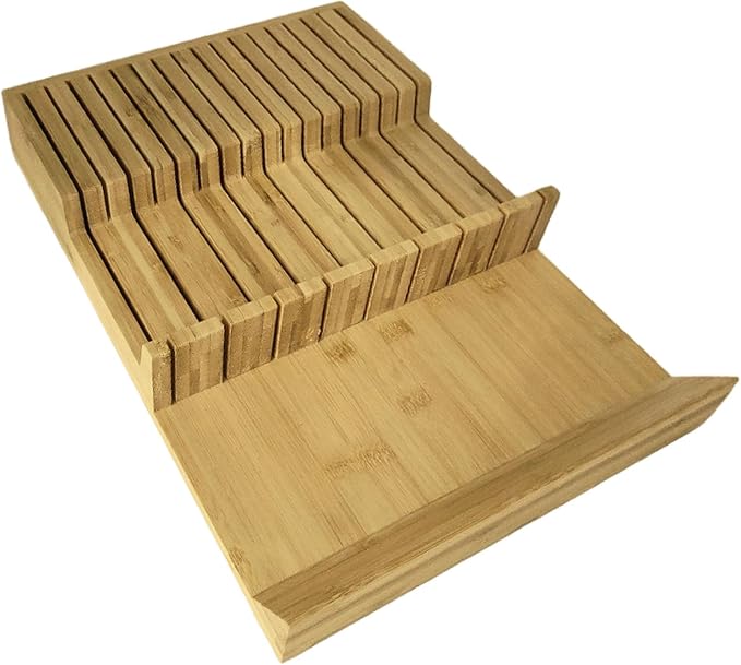 Natural Bamboo In-Drawer Knife Block, 17 Slot Large Capacity Knives Organizer, Upper and Lower Kitchen Steak Knife Storage Rack - Holds 8 Short + 9 Long Knives