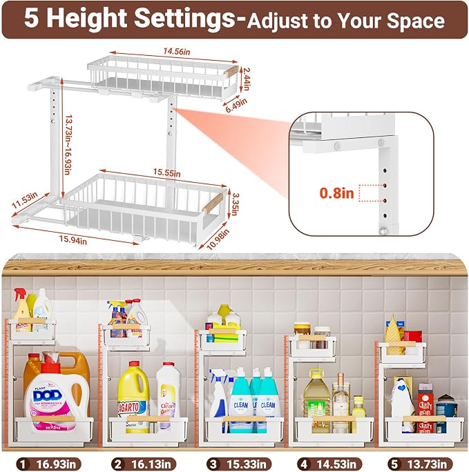 Under Sink Organizer, 2 Tier Pull Out Cabinet Organizer with 5 Adjustable Heights, Metal Under Sink Storage with Sliding Drawers for Kitchen, Bathroom, Pantry and Laundry Room, 4-Pack White