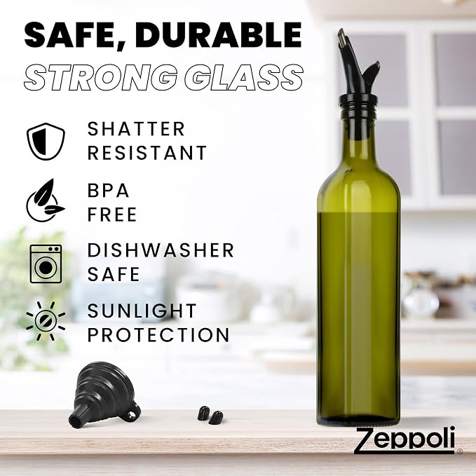 Zeppoli Kitchen Olive Oil & Vinegar Dispenser Bottle - 17 oz Set with Removable Dual Spouts, Pour Funnel, Stainless Steel Cruet - Olive Oil Dispenser Bottle