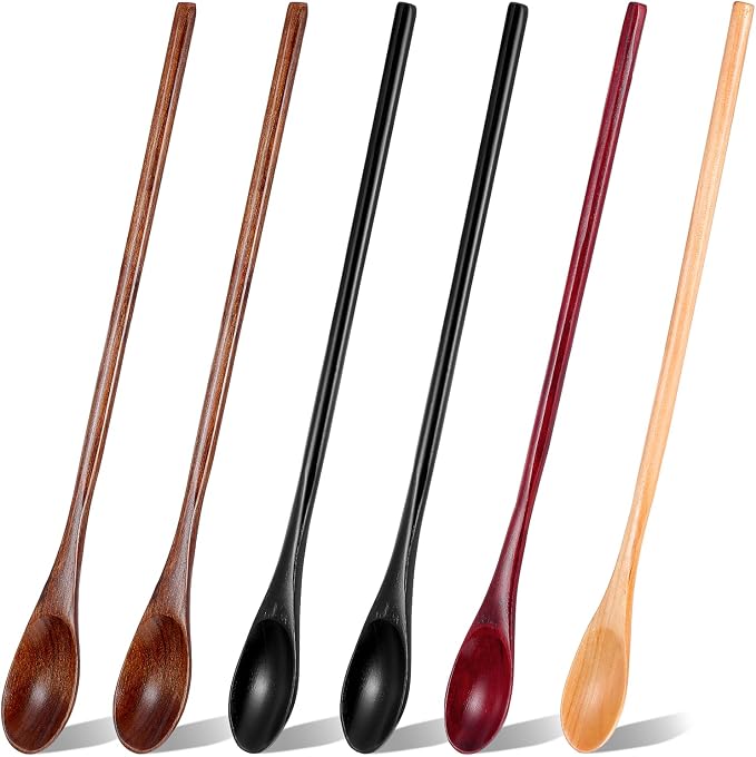 JIEYAO 6 Pcs 13 Inch Long Handle Wooden Spoon for Cooking, Wood Mixing Tasting Tea Spoons Long Honey Stirrer Vintage Utensils Coffee Cocktail for Kitchen
