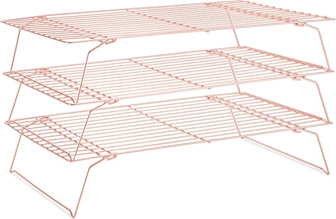 Cooling Rack for Baking 3 Tiers, 16" x 10" Cookie Cooling Wire Rack Stackable Collapsible Nonstick, Stainless Steel Baking Cooking Cooling Racks with Optimum Air Flow, Rose Gold