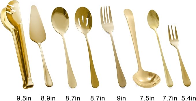 Gold Serving Utensils, 12 Pcs Stainless Steel Buffet Serving Utensil with Serving Spoon Slotted Spoons Serving Forks Soup Ladle Serving Tongs Pie Server, Utensils Set Great for Banquet
