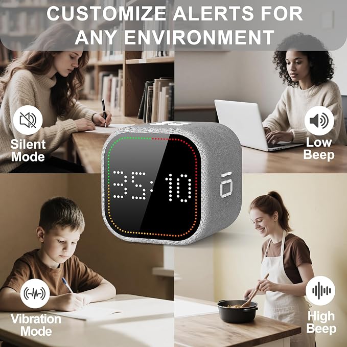 REACHER Fast Custom Pomodoro Timer Cube, Productivity Timer for ADHD | Fast Custom, Silent Mode, Vibrate Reminder, Adjustable Beeps, Magnetic Base, Visual Countdown, Study, Kitchen, Classroom