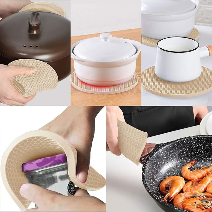 4 Pcs Trivets for Hot Dishes, Kitchen Heat Resistant Silicone Trivet, Extra Thick, Large, Non Slip (3. Beige)
