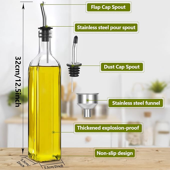 Showvigor Olive Oil Dispenser, 2 Pack 17oz/500ml Square Tall Glass Bottle | Vinegar Cruet Bottle, 2 Stainless Steel Pourers, 4 Labels, 1 Brush and 1 Funnel, for Kitchen