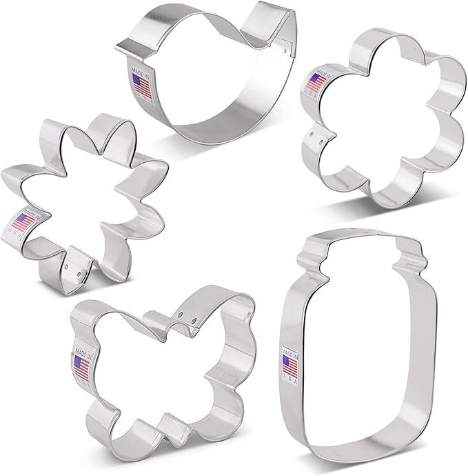 Ann Clark 5-Pc Mother's Day Flower Garden Cookie Cutter Set Made in USA, Butterfly, Bird, Flower, Daisy, Mason Jar
