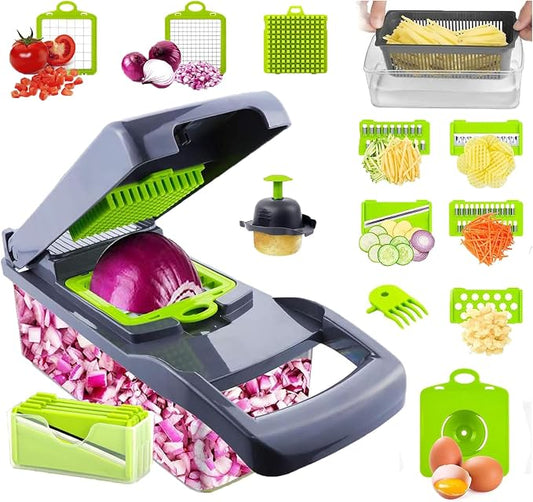 Vegetable Chopper with Container & Lid - 12-in-1 Adjustable Mandoline Slicer & Dicer for Kitchen | Effortless Food Prep for Potato, Carrot, Onion, Fruits & More | Easy to Clean & Store (Grey)