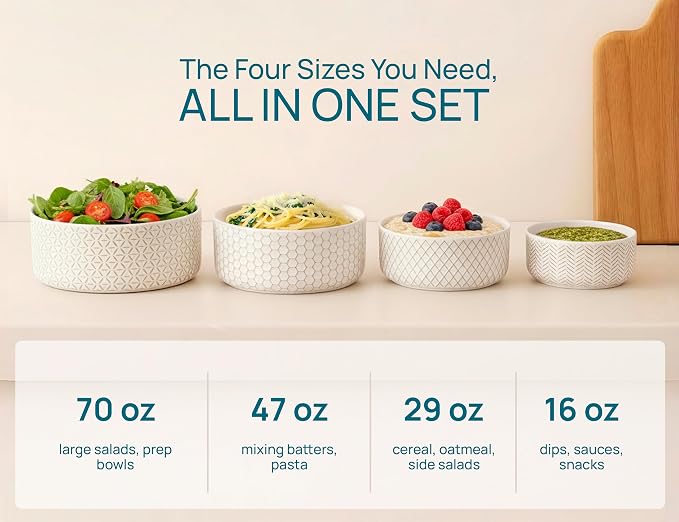 KooK Serving Bowls, with Lids, Ceramic Nesting Bowls, Set of 4, Embossed, Kitchen, Prep, Stackable, Gift, Microwave and Dishwasher Safe, 16/29/47/70 oz, Narbonne Collection (Ivory)
