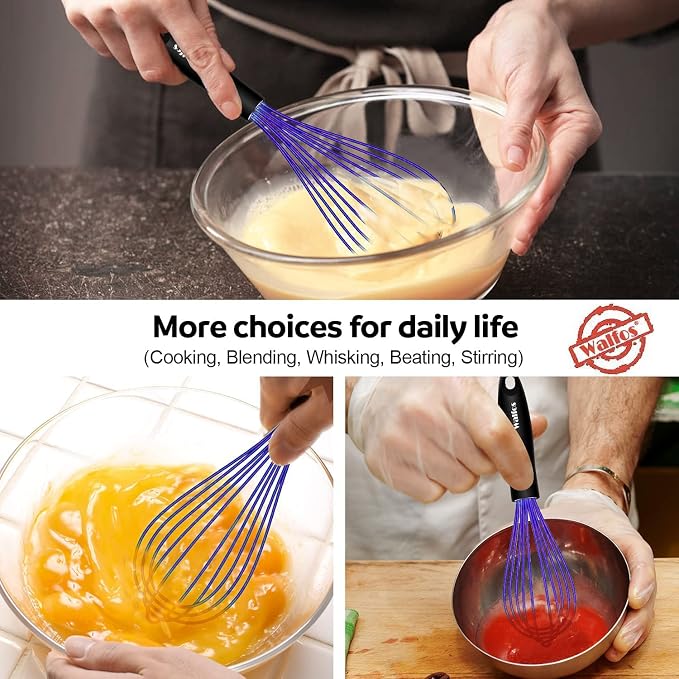 Walfos Silicone Whisk, Non Scatch Coated Whisk for Cooking & Baking- Set of 3-Heat Resistant Kitchen Whisks for Non-stick Cookware, Balloon Egg Wisk Perfect for Blending, Beating, Frothing （Blue）