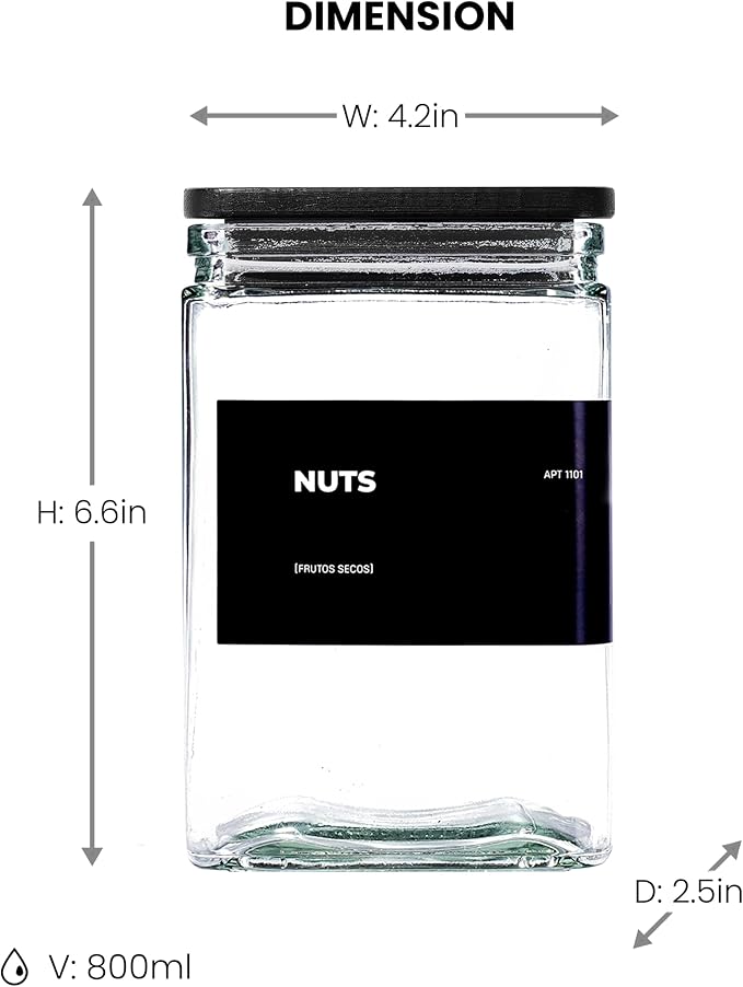 Glass Storage Jars with Bamboo Lid, glass canisters with airtight lids, Clear jars with lids for Spice, Cookie, Candy, Tea, Coffee Bean and Rice (Black, 26 oz, Set of 6)