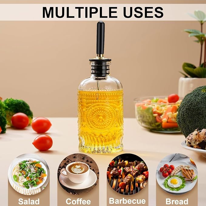 gegewawa Glass Olive Oil Dispenser Bottle, Small 7oz, Metal Spout, 1 Pack | This small olive oil dispenser has embossed glass for grip and vintage kitchen style; its clear body shows when to refill