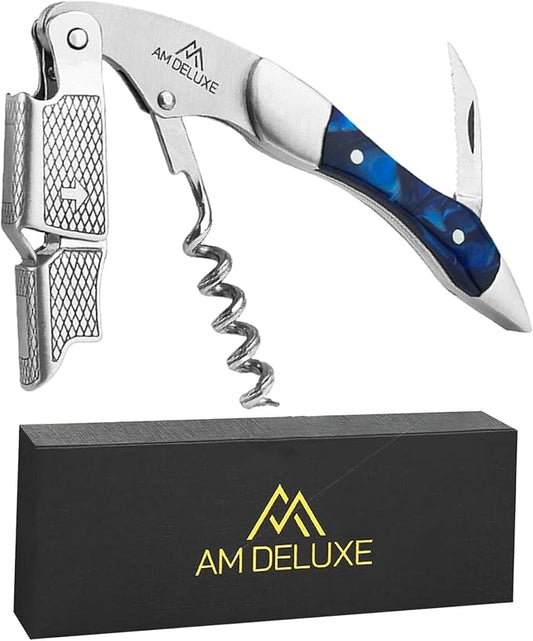 Waiters Corkscrew Wine Opener - Double-Hinged Fulcrum 3-In-1 Cork Screw Wine Bottle Opener Heavy Duty Stainless Steel & Sapphire Resin. Serrated Foil Cutter. Beer Opener. Magnetic Gift Box