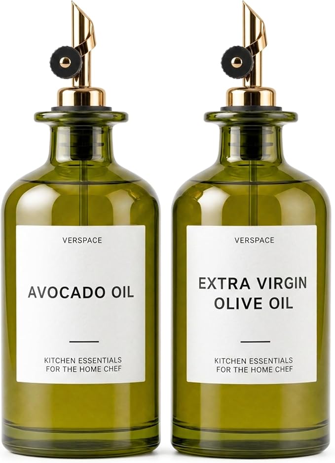 Verspace UV-Protected Green Glass Olive Oil Dispenser Bottles For Kitchen - 2 Pack - 17oz Includes 40 Kitchen Essential Labels, Avocado Oil Dispenser Set, Modern Decor for Home, Airbnb, Cafe