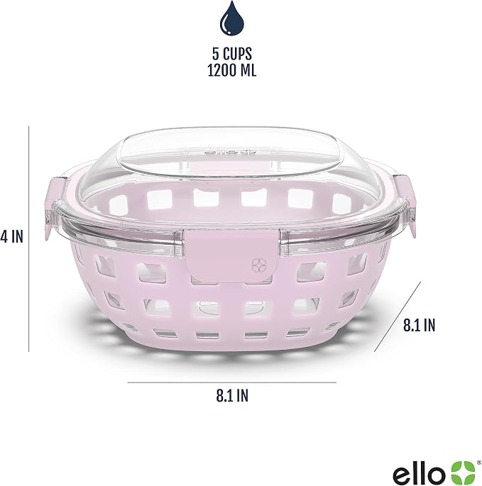 Ello DuraGlass Food Storage Glass Lunch Bowl Container - Meal Prep Container with Silicone Sleeve and Airtight Lid, 5 Cup, Cashmere Pink | Leakproof glass meal prep salad bowl. BPA-free lid, silicone sleeves, great for meal prepping, food storage, and ...