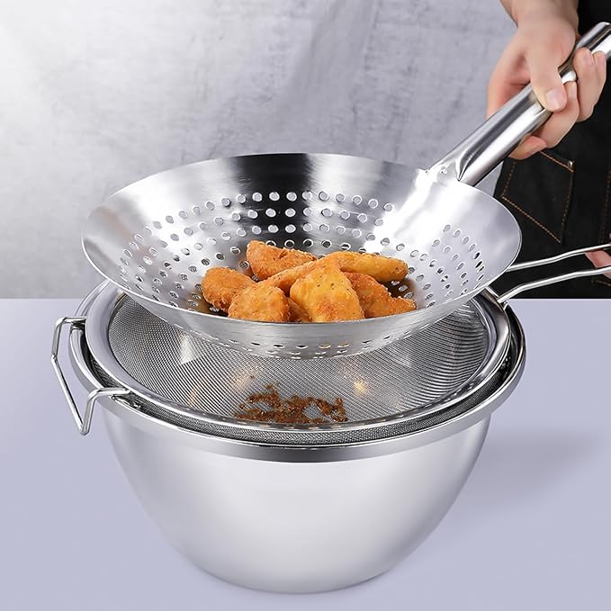 CALLARON Home Multi-Functional Stainless Steel Skimmer Ladle with Fine Mesh Wire Filter Spoon for Oil Straining and Cooking Large 16.92 X 9.44 X 2.36 Inch Kitchen Utensil