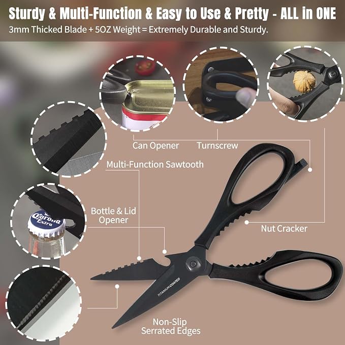 Kitchen Scissors All Purpose, Extra Sharp Kitchen Shears with Knife Sharpener & Sheath, Solid & Durable Stainless Steel Scissors with ANTI-RUST Black Titanium Plated, Dishwasher Safe - Black