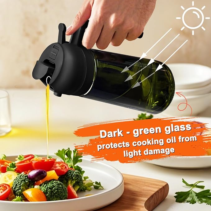Olive Oil Sprayer for Cooking, 16oz Glass 2 in 1 Oil Dispenser Bottle | Light Blocking, BPA-Free Food Grade, Fine Mist Precise Control, Air Fryer BBQ Salad, Leakproof Anti-Clog, Pre-Printed Labels