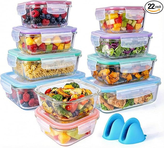 20 Pc Glass Food Storage Containers with Snap Lock Lids, Airtight & Leakproof, Bonus 2 Oven Silicone Gloves, Safe for Dishwasher, Oven, Microwave,Freezer, BPA Free
