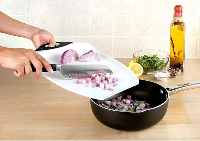 Dexas Chop & Scoop Cutting Board with Non-Slip Feet, 11 x 15 Inch, BPA-Free Dishwasher Safe Kitchen Prep Board, White and Black