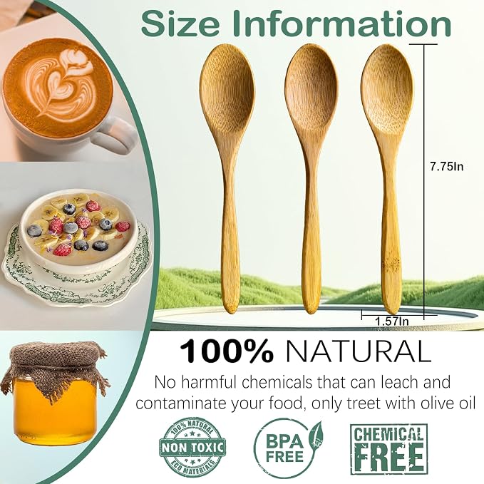 3 PCS: 7 Inch Uncoated Bamboo Spoons for Eating, Wooden Spoons for Honey, Jam, Coffe, Oatmeal, Cereal & Dessert - Handcrafted Non-Metal Eating & Stirring Utensil, Non-Scratch (Breakfast, Kitchen)
