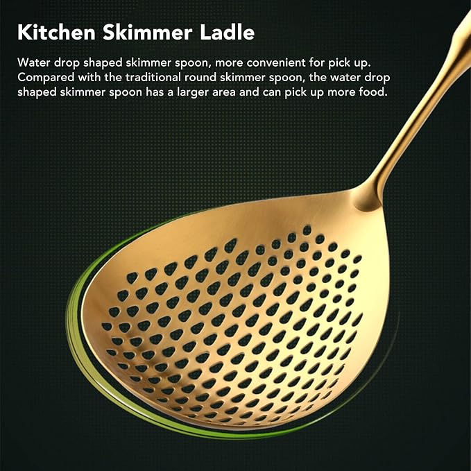 Slotted Spoon, Stainless Steel Strainer Ladle Cooking Deep Frying Metal Skimmer Spider with Long Handle Home Kitchen Cooking Colander Spoon(Gold)