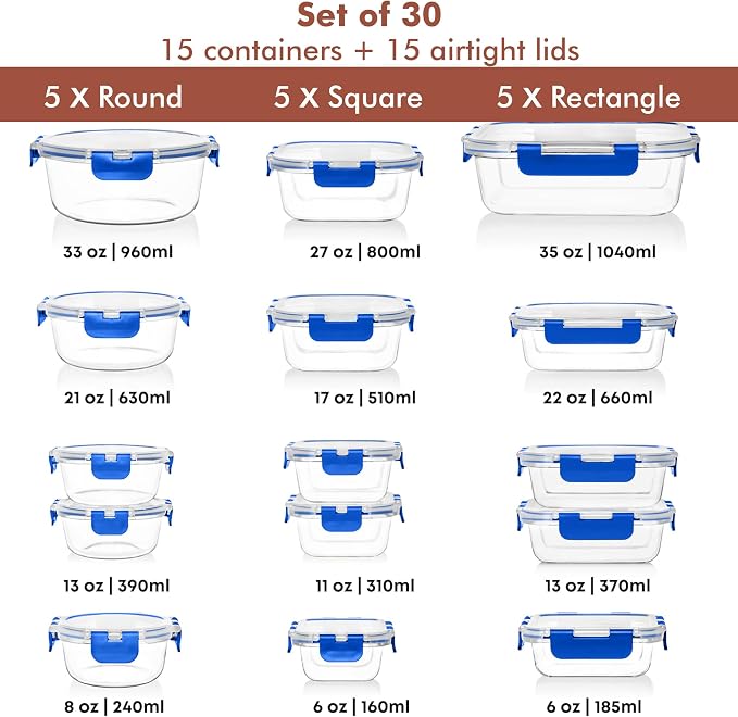 Razab 30 PC Glass Food Storage Containers with Lids - Reusable Glass Meal Prep Containers for Lunch and Leftovers - Airtight & Leakproof Snap Locking Lids - Oven, Freezer, Microwave, Dishwasher Safe