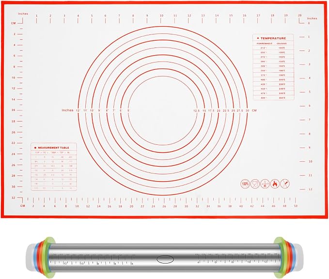Rolling Pin and Silicone Baking Pastry Mat Set Stainless Steel Dough Roller with Adjustable Thickness Rings Nonstick Dough Roller Pin for Fondant Pizza Pie Cookies (1PC)