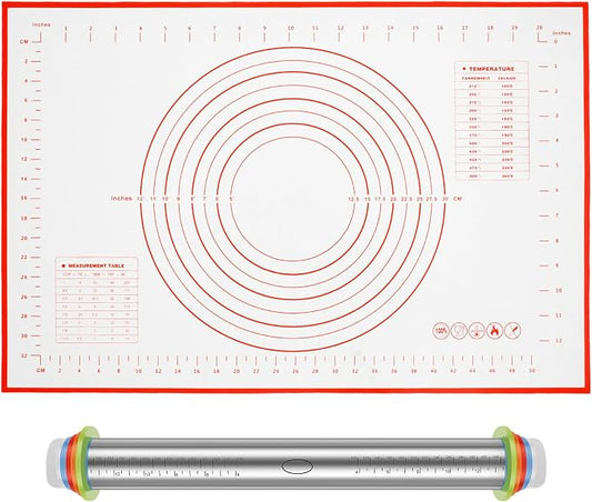 Rolling Pin and Silicone Baking Pastry Mat Set Stainless Steel Dough Roller with Adjustable Thickness Rings Nonstick Dough Roller Pin for Fondant Pizza Pie Cookies (1PC)