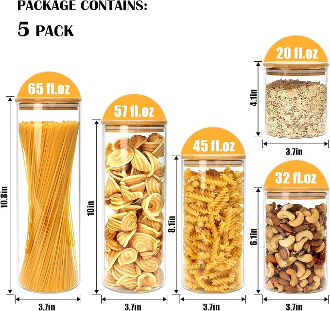 5 Pack Airtight Glass Jars with Bamboo Lids, Glass Food Storage Containers | Glass Canisters with Airtight Lids, Glass Storage Containers with Lids for Pasta, Cereal, Cookie, Coffee Beans, Nuts, Flour