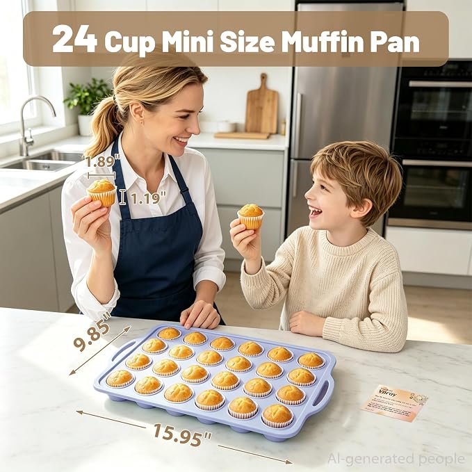 Blue Mini Silicone Cupcake Pan: 2 Pack 24 Small Cupcake Tin for Baking | Silicone Mini Cupcake Mold for Various Recipes - Trays with Metal Frame for Oven - for Home Bakers Vnray