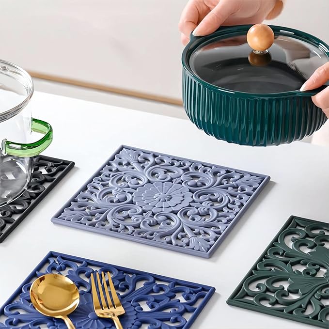 Trivets for Hot Dishes, Square Silicone Trivet Hot Pads for Kitchen Counter, Silicone Trivets for Hot Pots and Pans, Heat Resistant Mat for Quartzs, Kitchen Tabletops Pot Holder Set 3 Grey
