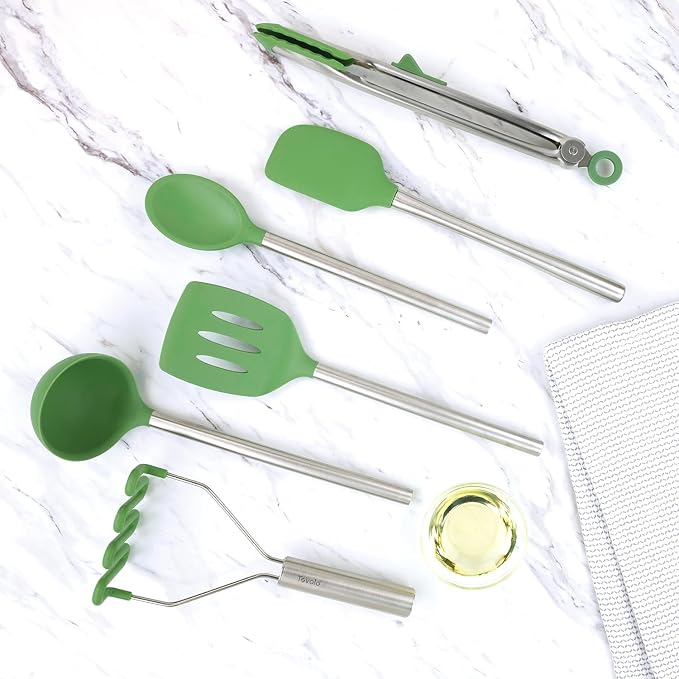 Tovolo Silicone Cooking Utensil Set of 6 Stainless Steel Handle Ladle Slotted Turner Tongs Flex Core Spatula Scraper Mixing Spoon & Potato Masher, Dishwasher Safe BPA Free Utensils, Pesto Green