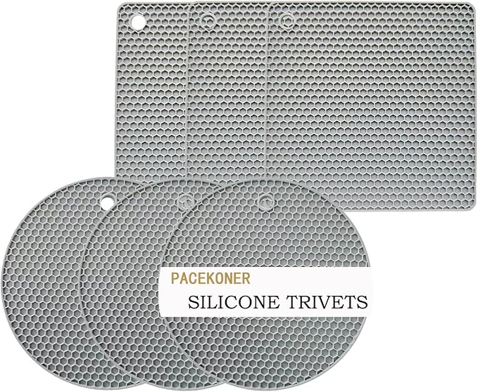 6-Pack Silicone Trivet Mats, Heat Resistant Hot Pads, Dishwasher Safe Kitchen Mats, BPA-Free Pot Holders for Table, Countertop, Stove, Honeycomb Design (Grey, 7” Square/Round)