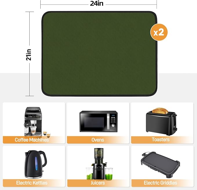 2 PCS Heat Resistant Mats for Countertop Air Fryer, 24x21in, Green | 1022 ℉ Fireproof mat, air fryer accessories for ninja, cosori, waterproof hot pads for kitchen toaster, oven, coffee maker