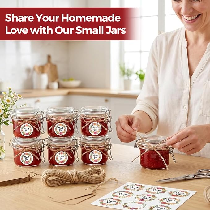 Small Glass Containers with Airtight Lids 4 oz 6 Pack Mini Jam Jars | Small Size, Labels Included, Jam Jelly Honey Jar, Wedding Favors,Handmade Candles,Diy Crafting,Leak Proof,BPA-Free